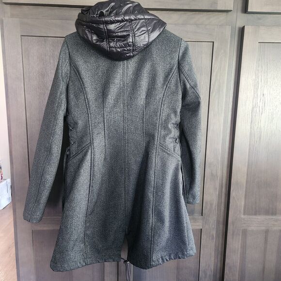 Guess Women Small Long Sleeve Black Gray Hood Trench Pea Coat Puffer Jacket FLAW - Picture 2 of 16